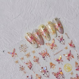 Liako 5D Butterfly Nail Art Sticker Set: 4 Sheets of Pink/Blue Butterflies, Floral Snakes, Blue Waves; self-Adhesive, Includes tweezer and Pink Bag; Perfect for Women's DIY Nail Art.