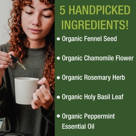 USDA Organic IBS Relief 5-In-1 Liquid Drops. For Ingestion, Bloating, Gas. Irritable Bowel Supplement With 5 Organic Ingredients. Peppermint Oil, Fennel Seed, Chamomile Flower, Rosemary, Holy Basil