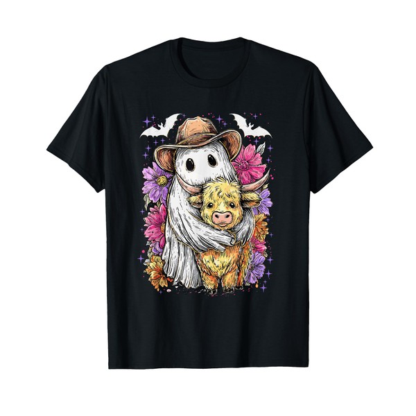 Retro Cute Ghost and Highland Cow Halloween Cowboy Ghost Boo
