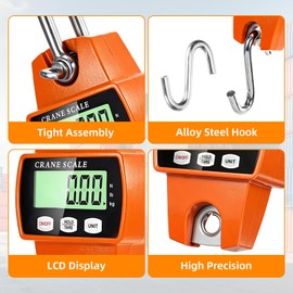 Digital Hanging Scale, 1102lb/500kg Handheld Crane Scale, Small Crane Scale with LCD Display and Hooks, Aluminum Alloy Body for Hunting, Outdoor, Luggage, Farm (Orange)