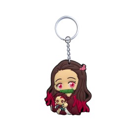 Aurabeam Nezuko Sitting Demons Hunter Demons Slayer Keyring Japanese Anime & Manga Figure Pendant Ring Gift, Red, white, One Size