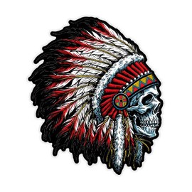 Native American Headdress Skull - 3" Vinyl Sticker - for Car Laptop I-Pad Phone Helmet Hard Hat - Waterproof Decal