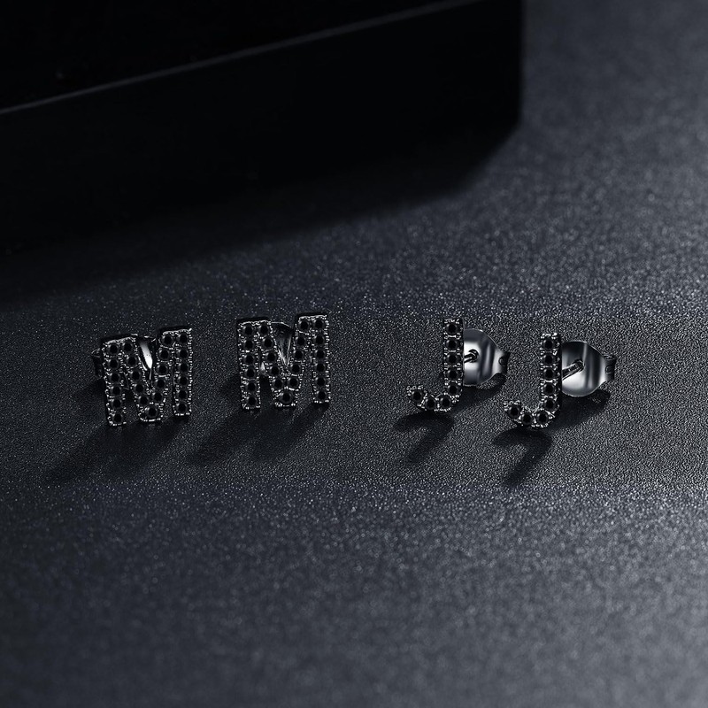 LiBihong Black Cubic Zirconia Alphabet Letter Stud Earrings, Sterling Silver