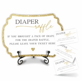 Golden Diaper Party Game Set, 50 Pcs Diaper Raffle Tickets, 1 Wooden Sign & 1 Iron Stand, Gender Neutral Baby Shower Game Kit For Boys & Girl, Newborn Baby, Party Favor & Supplies - A01