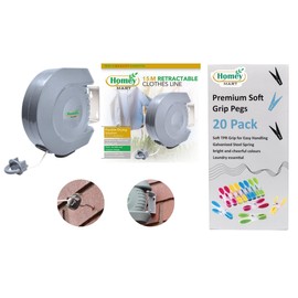 15m Retractable Reel Clothes Washing Line Indoor & Outdoor Use Wall Mounted Heavy Duty Extendable Laundry Clothes Line – Grey & Pack of 20 Premium Soft Grip Pegs