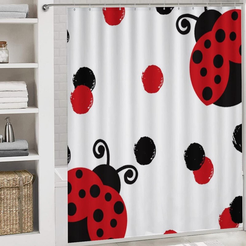 Cute Red Ladybug 4 Piece Shower Curtain Sets, Non-Slip Rugs,