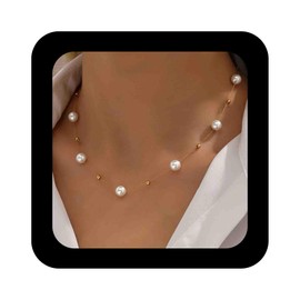 Enautoabs Boho Gold Pearl Necklace Choker Pearl Station Chain Necklace Vintage Pearl Beaded Necklace Multiple Pearls Strand Necklace Pearl Weddings Necklace Jewelry for Women