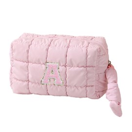 CALLPIONEER Quilted Makeup Bag for Women, Small Makeup Bag for Purse Puffer Mini Cosmetic Bag, Gift Bag Initial Make up Bag, Pink (Letter A)