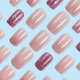 Press on Nails Short Square French Tip Fake Nails Pink & Purple Gradient False Nails with Designs Purple Glitter Glossy Full Cover Glue on Nails Stick on Nails Acrylic Nails for Women Girls 24 Pcs