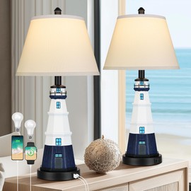 Modern Lighthouse Table Lamps Set of 2, White Navy Blue Bedside Nautical Table Lamp, Nautical Style Resin Reading Lights for Bedroom Livingroom, Bulbs Included