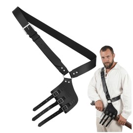 Mythrojan Genuine Leather Sword Baldric Belt - Medieval Shoulder Sword Belt Adjustable, Crossbody Scabbard Holder for LARP & Renaissance Costume - Right Handed Black