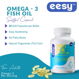 EESY Omega-3 Fish Oil Supplement, Supports Heart, Brain & Eye Health, Promotes Joint Mobility, EPA & DHA in Natural Triglyceride (TG) Form, 60 Soft Capsules, Dietary Supplement, Fatty Acid, USA Made