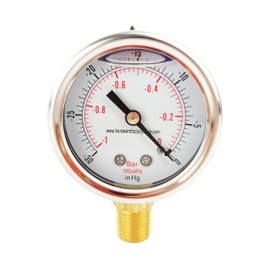 HFS(R) -30 inHg-0 PSI Medidor de presión de aspiradora lleno de líquido de glicerina, tamaño de esfera de 2 pulgadas, montaje inferior NPT de 1/4 pulgadas, caja de acero inoxidable, PSI y barra de