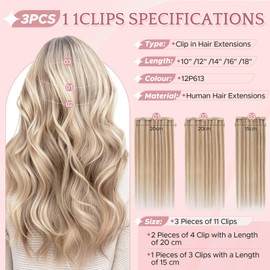 SEGO Clip in Hair Extensions Real Human Hair Seamless Hair Extensions Soft Silky Straight for Women Clip in 3PCS 11 Clips 16 Inch 12P613 Light Blonde Mixed Bleach Blonde 73g
