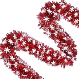 FSSTUD 10m Christmas Snowflake Tinsel Garland Xmas Tree Wrap Garland Shiny Metallic Tinsel Garland Thick Hanging Tinsel Garland Snowflake Ornament Garland for Home Decorations