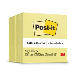 Post-it Notas Adhesivas, Color Amarillo Canario, 7.6cm x 7.6 cm, 6 pads, 100 hojas por pad