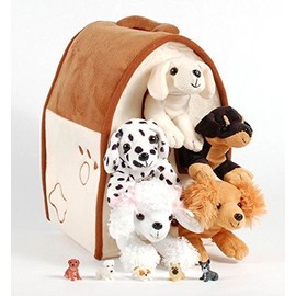 SFS Gift Bundle Unipak 12" Plush Dog House Carrying Case with 5 Stuffed Animal Dogs (Dalmatian, Yellow Labrador Retriever, Rottweiler, Poodle, and Cocker Spaniel) + 5 Cute Mini Puppy Figures