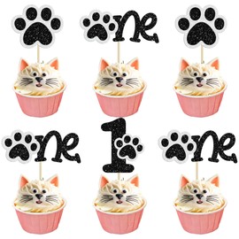 Gyufise 24Pcs Dog Paw One Cupcake Toppers Glitter 1st Birthday Party Cupcake Picks Decorations for Puppy Dog Theme Baby Shower Kids First Birthday Party Supplies Black