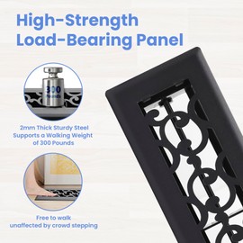 Howeall 2x10 Inches Heavy Duty Walkable Floor Register - Easy Adjust Air Supply Lever Decorative Floor Vent Covers - Savannah Design Vent Covers for Home - Matte Black