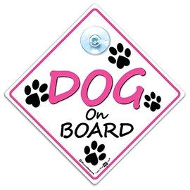 Dog On Board Sign, Dog on Board Car Sign, Pink Dog Car Sign, Fur Baby Sign, High Visibility Dog Car Sign With Suction Cup to Notify of Dog in Vehicle 14 cm x 14cm x 2cm