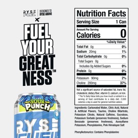 RYSE Up Supplements Fuel Sugar Free Energy Drink | Vegan Friendly, Gluten Free | No Fillers & No Artificial Colors | 0 Calories | 200mg Natural Caffeine | 12 Pack (Sour Punch Blue Raspberry)