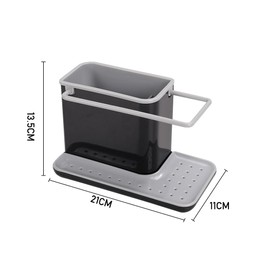 Warmiehomy Kitchen Sink Organiser with Drain Tray, Kitchen Sink Caddy with Sponge Holder, Brush Holder and Cloth Hanger, Black with Grey