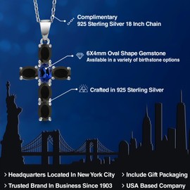 Gem Stone King 925 Sterling Silver Black Onyx and Blue Created Sapphire Cross Pendant Necklace for Women | 2.60 Cttw | Gemstone December Birthstone | Oval 6X4MM | With 18 Inch Chain