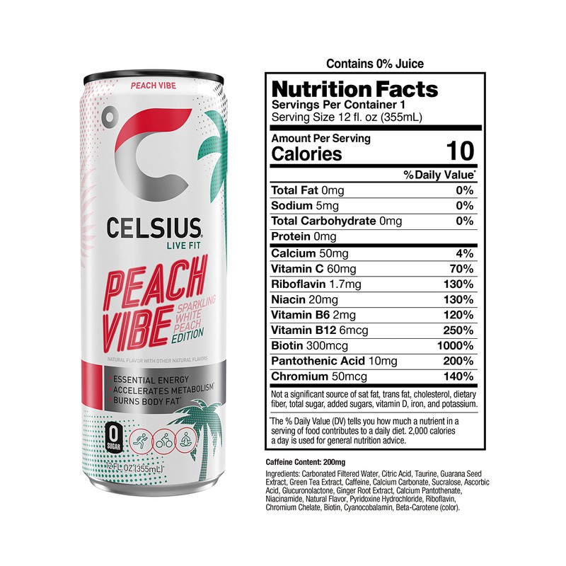 CELSIUS Sparkling Peach Vibe, Functional Essential Energy Drink, 12 Fl