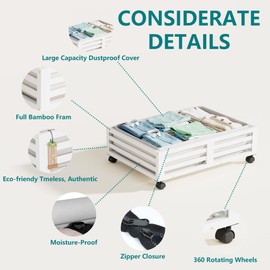 Wisuce Bamboo Under Bed Storage Containers- Underbed Organizer with Wheels with Large Dust Bag,Sturdy Wood Rolling Under the Bed Shoe Storage Organizer Drawer 2 Packs (White, Small)