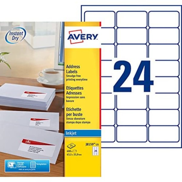 Avery J8159-25 Box of 600 Address Labels for Inkjet Printer 63.5x33.9 mm White