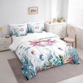 Feelyou Kids Cute Axolotl Twin Comforter Set with Sheets Cartoon Salamander 7 Pieces Bedding Set for Toddler Boys Girls Kawaii Ocean Sealife Bed in a Bag Reptile Animal Bed Set