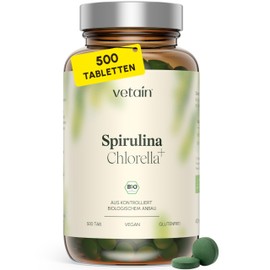 VETAIN Organic Spirulina & Chlorella Pellets - 500 Tablets - High Dose: 4,800 mg per Day - Supply Over 40 Days - Vegan & No Additives - Produced & Laboratory Tested in Germany