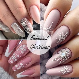 5D White Snowflake Embossed Nail Art Sticker -Christmas New Year Snowflake Nail Art Supplies - Snowflakes Charms French Design Xmas Nail Decoration Snow Lace Lattice Elk Classic Winter Designer 6 Pcs