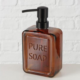 Amber Glass Soap Dispenser Pure SOAP 18 FL OZ – Refillable Bathroom Hand Soap Bottle with Black Pump – Vintage Modern Home Accessory