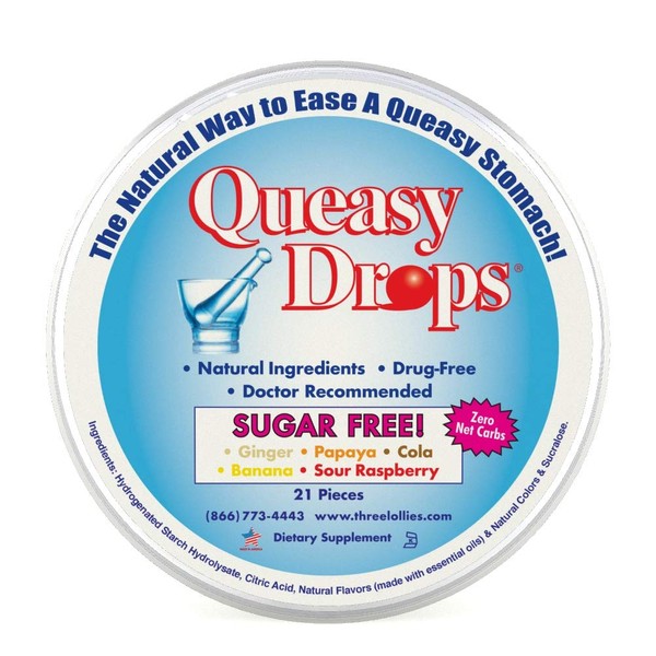 Queasy Drops Sugar Free | 21 Drops | Nausea Relief (Chemo, Motion Sickness, Hangover etc.) | Drug Free & Gluten Free | Five Flavors: Ginger, Papaya, Cola, Banana, & Raspberry
