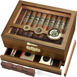 LIHTUN Glass Top Desktop Cigar Humidor, Cedar Wood Cigar Case with Digital Hygrometer, Humidifier, Cigar Accessories Drawer and Measuring Scale, Cigar Humidor Box Gift for Men