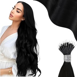 Moresoo Black Nano Bead Hair Extensions Jet Black Nano Hair Extensions for Women Real Human Hair 16 inch 50g/50s