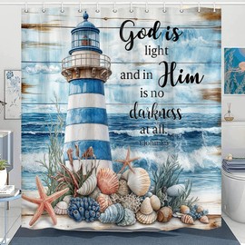 Nautical Lighthouse Shower Curtain for Bathroom, Blue Ocean Coastal Beach Bible Verse Scripture Shower Curtains Set, Vintage Rustic Wood Sea Starfish Seashells Fabric Decor Bathtub with Hooks,60X70IN