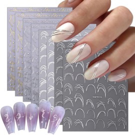 8 Sheets French Line Nail Art Stickers Decals 3D Self-Adhesive Gold and Silver White Irregular Line Metallic Design Decals for Women and Girls Nail Art DIY Decoration