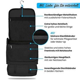 XXL Hanging Toiletry Bag [Design 2026] Large Toiletry Bag for Women, Men with Suitcase Holder and Separate Wet Compartment - Wash Bag for Men & Women (Black New)
