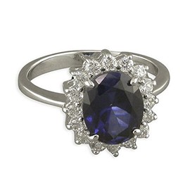 Womens Sterling Silver Blue Synthetic Sapphire & White Cubic Zirconia (CZ) Oval Cluster Engagement Ring - MEDIUM Replica Kate Middleton/Princess Diana Ring/The Royal Ring. Size M