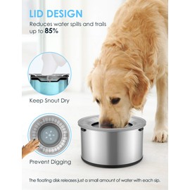 heouvo Heouvo 1Gallon Large Dog Water Bowl No Spill,Anti Digging Lid & Rubber Bottom Spill Proof Dog Bowl, Anti Splash Mess Dripless Slow Drinking Stainless Steel Water Bowl for Sloppy Messy Drinkers Car