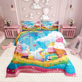 Cartoon Ice Cream Comforter Set Twin Size for Kids Candy Rainbow Bridge Bedding Sets All Season Sweet Dessert Quilt Set Bedroom Decor Childlike Food Down Comforter,2Pcs