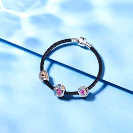 NINGAN Tulip Flower Sparkling Crystal Charms 925 Sterling Silver Bead Charms Fits Women's Bracelets & Necklaces