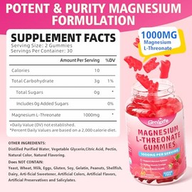 Magnesium L-Threonate Gummies 1000MG, Magnesium Threonate Supplement for Kids & Adults, Muscle & Nervous System Support, Sugar-Free, Raspberry Flavor, 60 Count