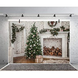 Xiaoterna 7x5ft Merry Christmas Photography Background Christmas Tree Gifts Fireplace Indoor Backdrop White Brick Wall Party Decorations Banner Winter Xmas Holiday Home Party Photo Prop