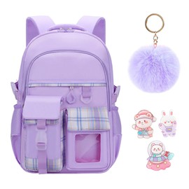 IHCEMIH School Backpack, Girls Cute Bags for Primary Secondary School Multi Pocket Casual Plain Daypacks Childrens Travel Rucksack Elementary Book Bag Pack with Keychain Badges for Teen Kids Purple