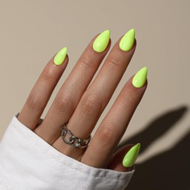 KQueenest Neon Green Press On Nails Short - Acrylic Press On Nails Almond, Sheer Bright Lime Green Fake Nails with Glue, Vibrant Opaque, Stiletto Reusable Soft Gel Glue on Nails for Women, 30 Pcs