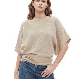 HIGO FASHION Womens Oversized Short Batwing Sleeve Boat Neck Sweater Vest Fall Sleeveless Pullover Knit Sweaters Khaki