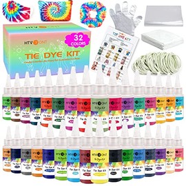 HTVRONT Kit de teñido anudado, 32 botellas precargadas de colores vibrantes, kit de Tyedyedye permanente, no tóxica, para grupos grandes, niños y adultos, tela Tye para fiestas hechas a mano (solo